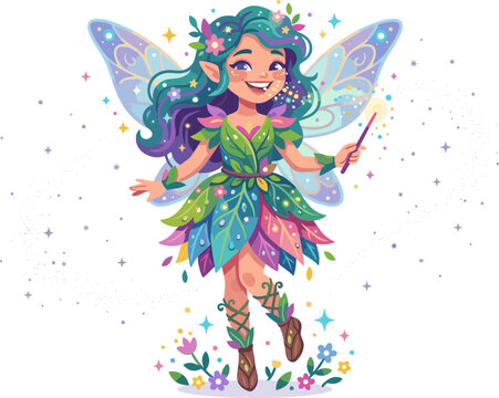 Forest fairy with green leaf dress and magic wand