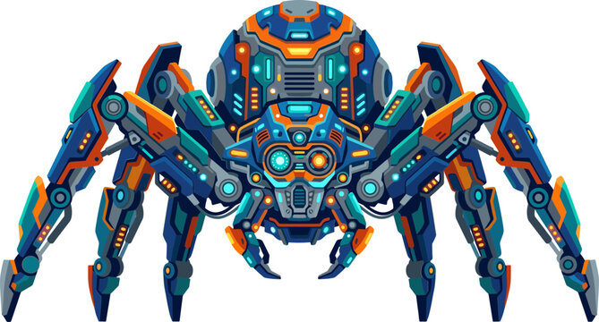 Futuristic mechanical spider robot with glowing blue and orange armored plates