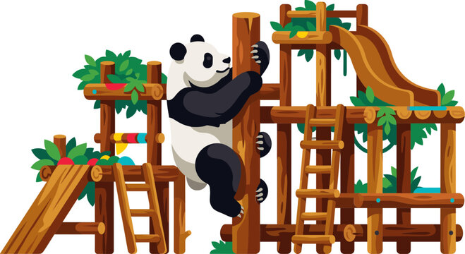 Giant panda climbing on a wooden playground structure