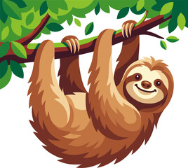 Naklejka premium Happy sloth hanging from tree branch with green leaves