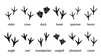 Obraz premium Bird tracks set, bird footprints icon collection. Black silhouettes of robin, crow, duck, hawk, sparrow, heron, eagle, owl, woodpecker, seagull, pheasant and crane bird feet icons - vector