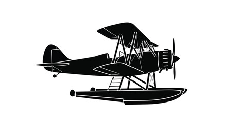 Biplane silhouette on floats black and white illustration © Nasima