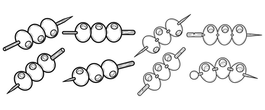 Various arrangements of meatballs or dango on skewers, presented in a clean line art style.