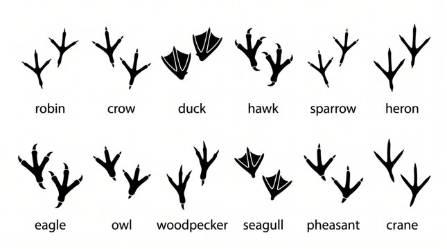 Bird tracks set, bird footprints icon collection. Black silhouettes of robin, crow, duck, hawk, sparrow, heron, eagle, owl, woodpecker, seagull, pheasant and crane bird feet icons - vector