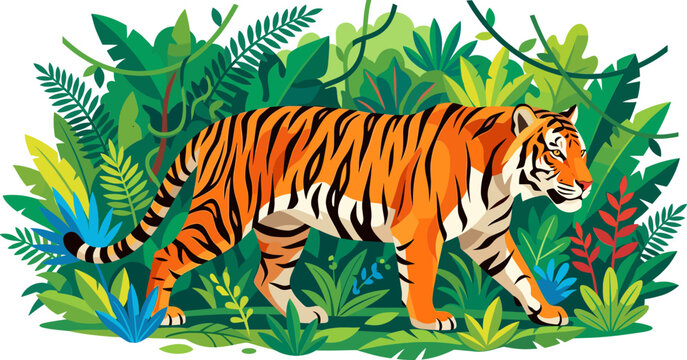 Majestic tiger walking through thick tropical rainforest leaves