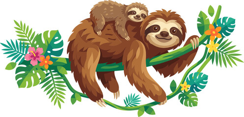Fototapeta premium Mother sloth carrying baby while climbing jungle vine