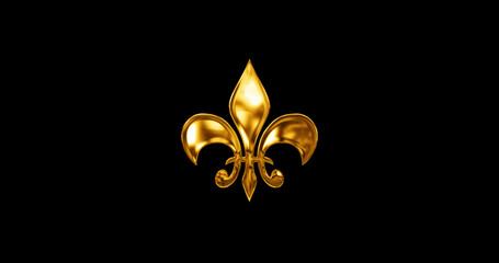 Royal heraldic emblem Golden Fleur-de-Lis Symbol on black background shining. Luxury symbol representing loyalty and nobility Lily symbol ornamental coat of arms. European French Baroque logo. © PhoenixStock