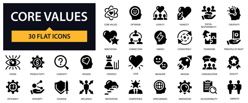 Core Values icons set. Business, Ethics, Teamwork, Philosophy, Mission and others.
