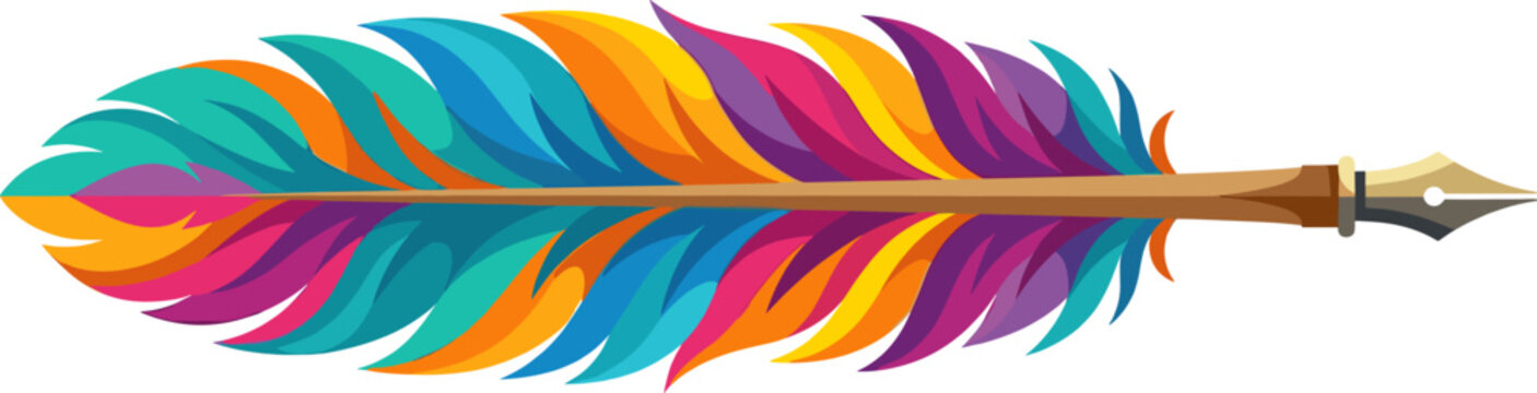 Multicolored feather quill pen with a golden writing nib