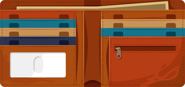Open brown leather wallet showing multiple interior slots for credit cards and cash