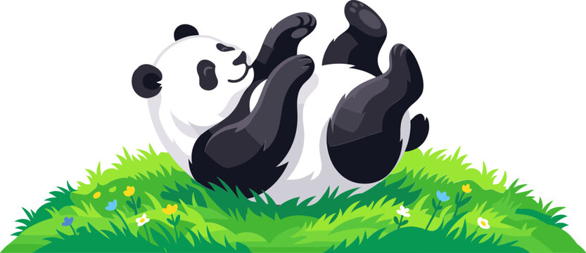 Playful panda bear rolling on its back in green grass