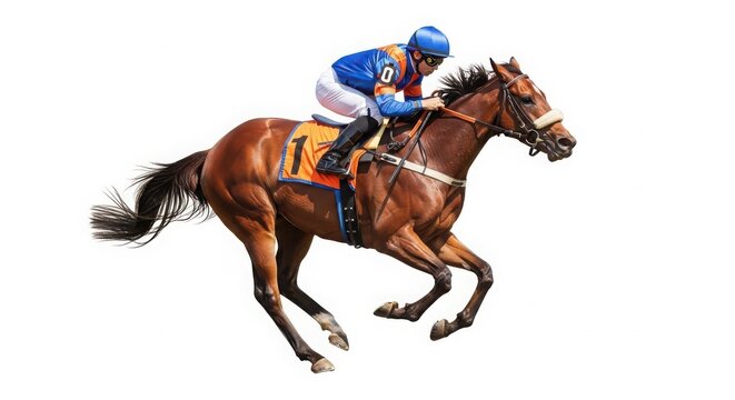 Jockey in blue silks riding chestnut racehorse at full gallop on track