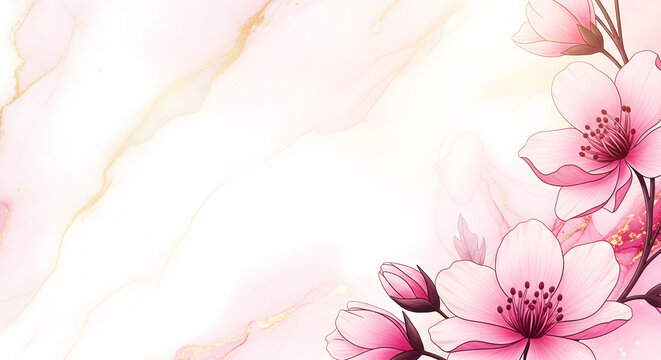 Pink marble and cherry blossom floral background with gold accents elegant watercolor style
