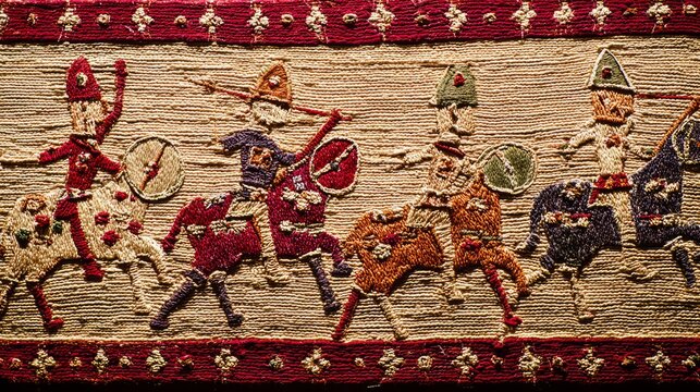 cavalry. Close-up of an ancient tapestry section depicting medieval cavalry and shield walls. event programs, museum guides, designed for cultural heritage projects and event programs.

