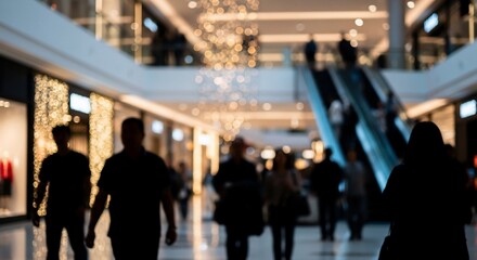 Fototapeta premium Silhouettes of people walking in a shopping mall corridor