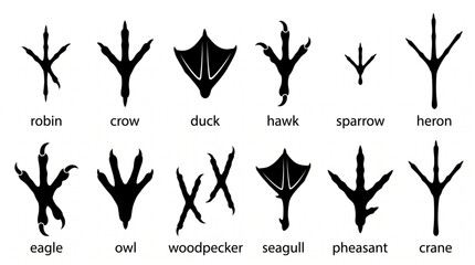 Naklejka premium Bird tracks and animal footprints collection. Robin, crow, duck, hawk, sparrow, heron, eagle, owl, woodpecker, seagull, pheasant and crane bird foot silhouette icons, wildlife tracking set.