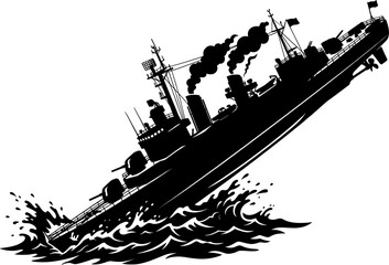Naklejka premium Sinking warship silhouette plunging into ocean waves