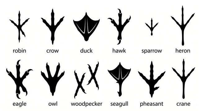Bird tracks and animal footprints collection. Robin, crow, duck, hawk, sparrow, heron, eagle, owl, woodpecker, seagull, pheasant and crane bird foot silhouette icons, wildlife tracking set.