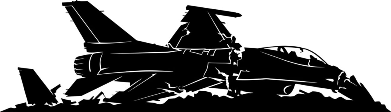 Silhouette of crashed fighter jet wreckage on ground