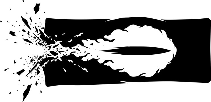 Silhouette of bullet passing through wall with flying debris