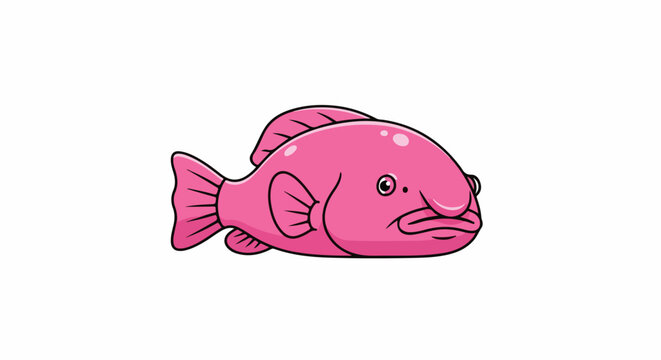 Cute pink cartoon fish with big lips and fins, isolated on white background, illustration