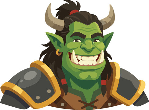 Smiling green orc character wearing heavy shoulder armor