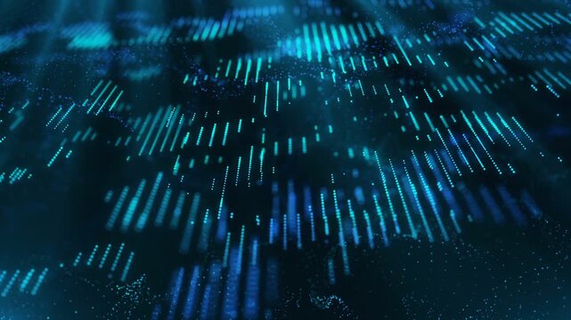 Abstract blue data stream background with glowing vertical particles and cinematic motion lines.