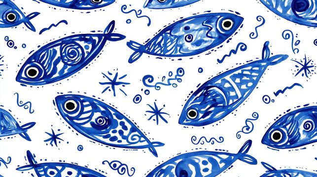 Blue watercolor fish pattern on white background. Hand drawn stylized marine life illustration. Mediterranean coastal decor motif