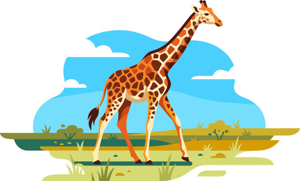 Tall giraffe walking across a sunny savanna landscape with blue sky