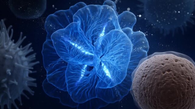 Microscopic blue virus cell with glowing core, medical 3D animation of pathogen organism, scientific visualization of infectious bacteria