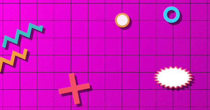 Memphis style noen themed nostalgic retro-themed accent shapes bg. Random geometric shapes moving grid 90s styled modern touch. Minimal pattern abstract movement. Choatic VCR pixelated.
