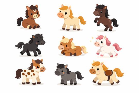 Adorable cute horse cartoon collection vector illustration featuring various pony characters in different poses like running, sitting, and standing. Ideal for kids' designs and farm animal sets.