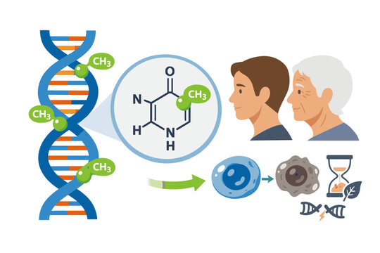 DNA Methylation and Epigenetic Alterations Illustration with DNA Helix, Methyl Groups, Methylated Cytosine, Aging Process from Young to Old Man, Cellular Senescence, and Hallmarks of Aging.