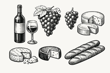 Obraz premium Hand-Drawn Vintage Engraving Style Collection of Wine Bottle, Glass, Grapes, Cheese Wheels, and Baguette Bread. Elegant Woodcut Illustration Set for Winery, Restaurant Menu, and Food Packaging.
