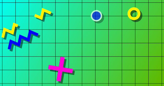 Memphis style noen themed nostalgic retro-themed accent shapes bg. Random geometric shapes moving grid 90s styled modern touch. Minimal pattern abstract movement. Choatic VCR pixelated.