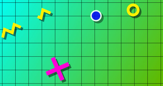 Memphis style noen themed nostalgic retro-themed accent shapes bg. Random geometric shapes moving grid 90s styled modern touch. Minimal pattern abstract movement. Choatic VCR pixelated.