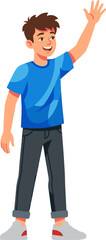 Fototapeta premium Young man in blue t-shirt waving his hand cheerfully