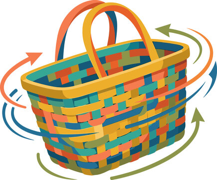 Woven colorful basket with rotating motion arrows indicating movement