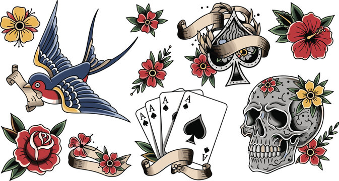Tattoo Design Set Featuring Swallow Bird, Skull, Playing Cards, and Floral Elements in Traditional Style