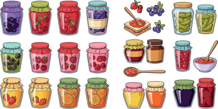 Fruit Jam Jars Collection with Mixed Berry, Strawberry, Orange, Grape, and Kiwi Jam Illustrations for Food Packaging, Recipes, and Culinary Designs