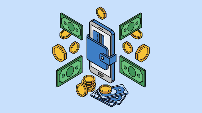 Isometric illustration of mobile phone with wallet, money, and coins for digital payment.