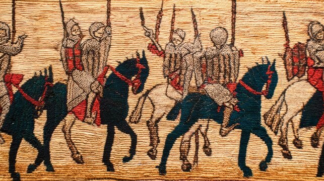 cavalry. Close-up of an ancient tapestry section depicting medieval cavalry and shield walls. event programs, museum guides, designed for cultural heritage projects and event programs.
