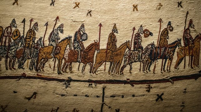 cavalry. Close-up of an ancient tapestry section depicting medieval cavalry and shield walls. event programs, museum guides, designed for cultural heritage projects and event programs.
