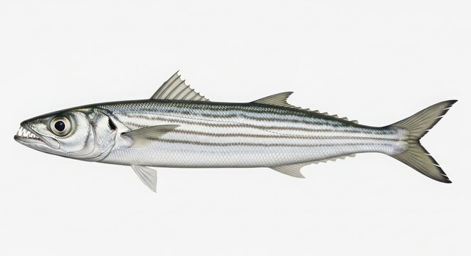fresh silver atlantic striped bass fish isolated on white background for seafood market and culinary use
