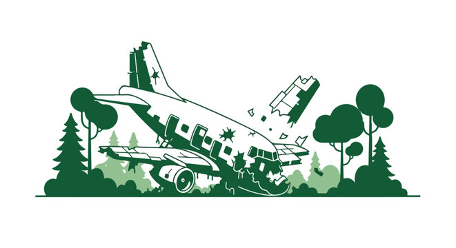 Crashed vintage airplane in a lush forest, a minimalist green and white vector illustration depicting an abandoned plane wreck, symbolizing disaster and decay.