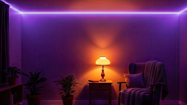 Cozy corner with a glowing table lamp and vibrant purple accent lighting