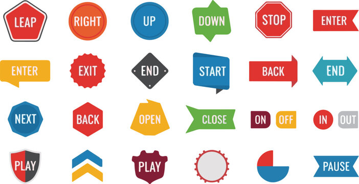 Colorful Flat Navigation Button Label Set with Start Stop Enter Exit and Play Symbols for Game UI Design