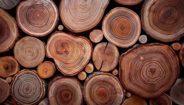 a captivating stack of freshly cut tree logs showcases varied wood tones and circular patterns creating a rustic and textured close up abstract background