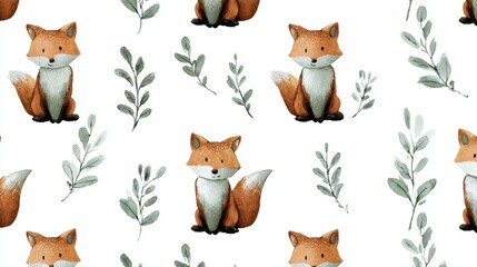 Obraz premium Hand drawn watercolor seamless pattern featuring cute red foxes and green eucalyptus leaves on a white background woodland animal illustration for nursery decor, fabric printing, and textile design.
