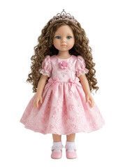 Fototapeta premium Cute doll in pink dress with tiara, transparent background